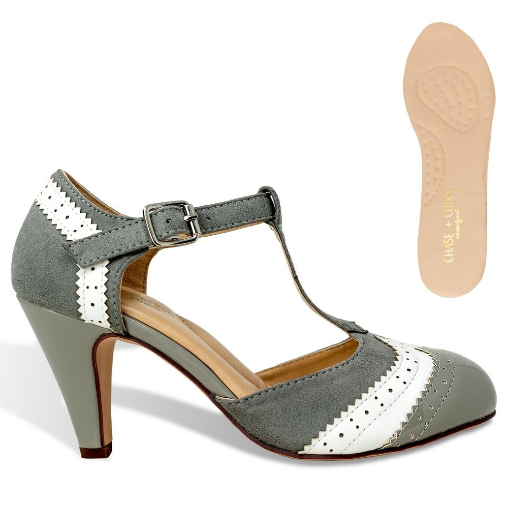 Chase & Chloe Kimmy-66 Closed Toe T-Strap Two Tone Oxford Pumps